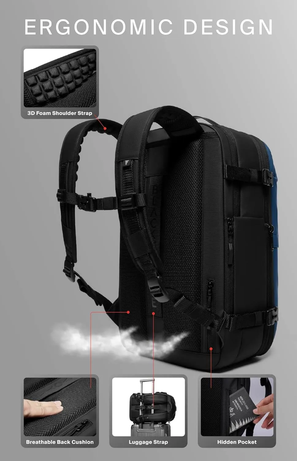 Vortex Vacuum Seal Travel Backpack 60L Exapandable Air Compression System Water Resistant TSA Lock Carry-On Suitcase Luggage Black AERO - Vacuum Pump Included