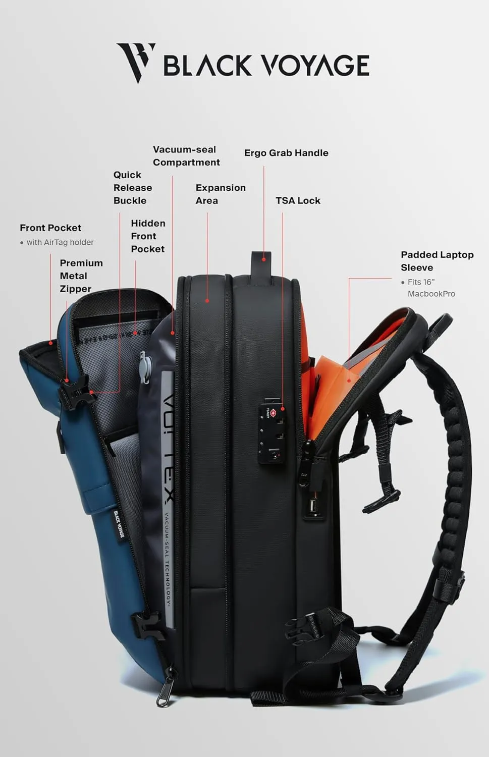 Vortex Vacuum Seal Travel Backpack 60L Exapandable Air Compression System Water Resistant TSA Lock Carry-On Suitcase Luggage Black AERO - Vacuum Pump Included
