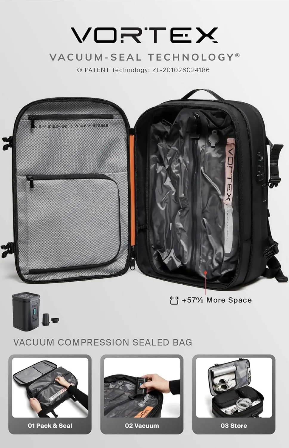 Vortex Vacuum Seal Travel Backpack 60L Exapandable Air Compression System Water Resistant TSA Lock Carry-On Suitcase Luggage Black AERO - Vacuum Pump Included