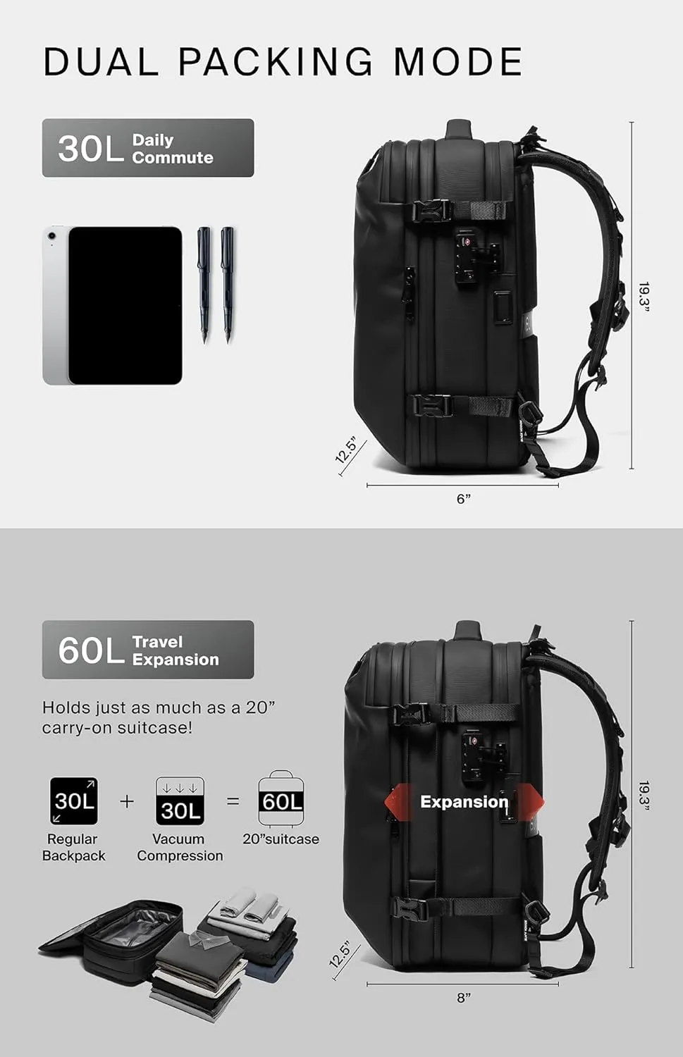 Vortex Vacuum Seal Travel Backpack 60L Exapandable Air Compression System Water Resistant TSA Lock Carry-On Suitcase Luggage Black Zephyr - Vacuum Pump Included