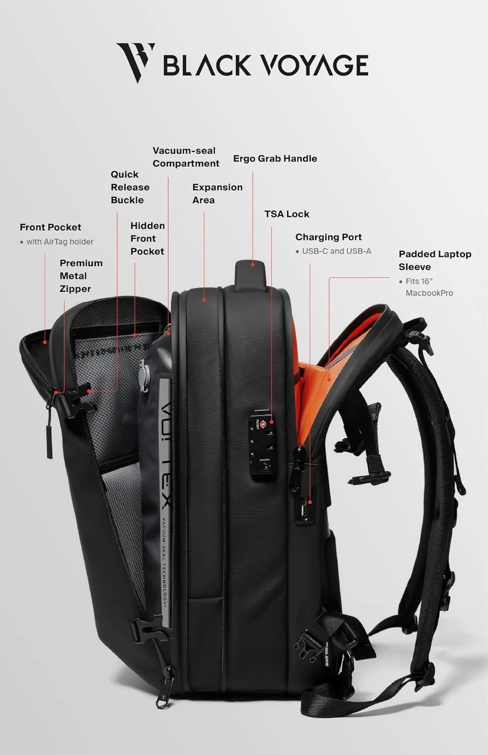Vortex Vacuum Seal Travel Backpack 60L Exapandable Air Compression System Water Resistant TSA Lock Carry-On Suitcase Luggage Black Zephyr - Vacuum Pump Included