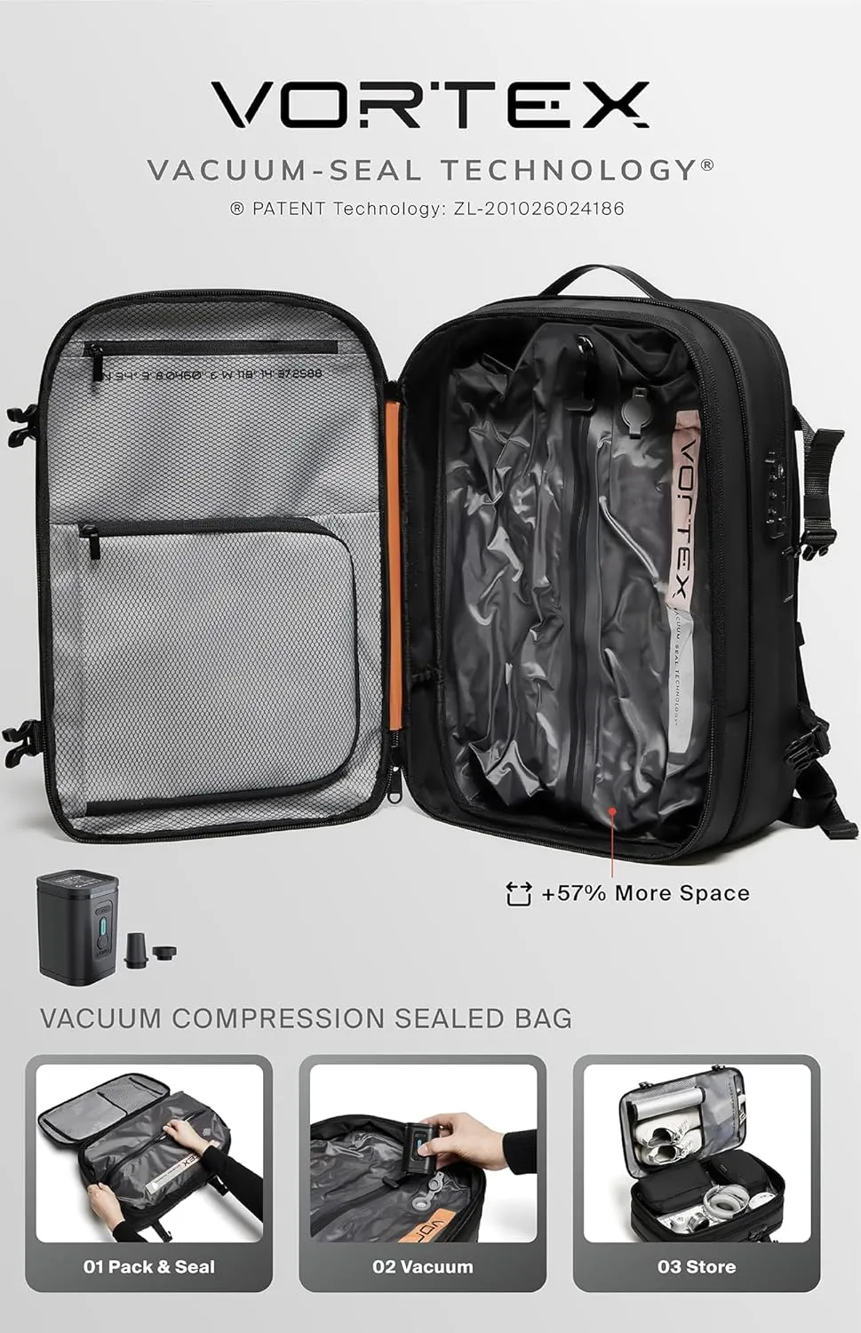 Vortex Vacuum Seal Travel Backpack 60L Exapandable Air Compression System Water Resistant TSA Lock Carry-On Suitcase Luggage Black Zephyr - Vacuum Pump Included