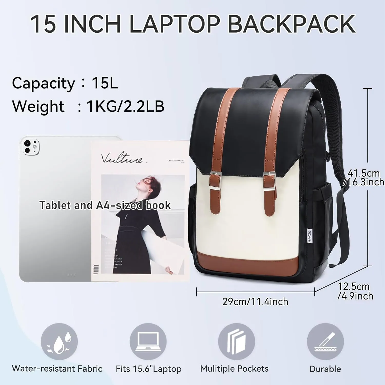 VX VONXURY Backpack for Women, 15.6 Inch Laptop Bag Anti-theft Backpack for Work Travel (Black and White)
