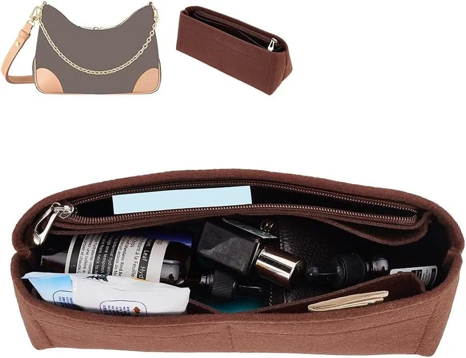 WADORN Purse Insert Organizer, Felt Tote Shaper Pouches Insert Divider Organizer Handbag Insert Bag in Bag for LV BOULOGNE Multi Pocket with Zipper for Underarm Bag Shaper, 3.5x9.8x3.9 Inch (Brown)