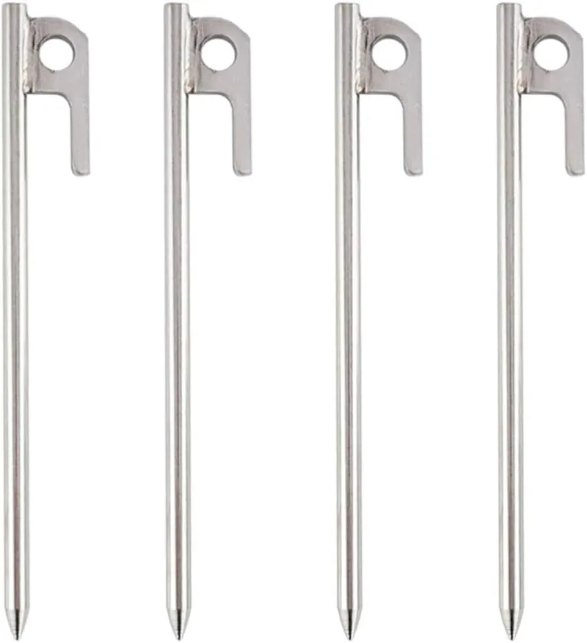 Wakauto 4pcs Stainless Steel Tent Stakes Pegs for Camping Ground Anchors Shaped Design for Gazebo Tents and Outdoor Activities
