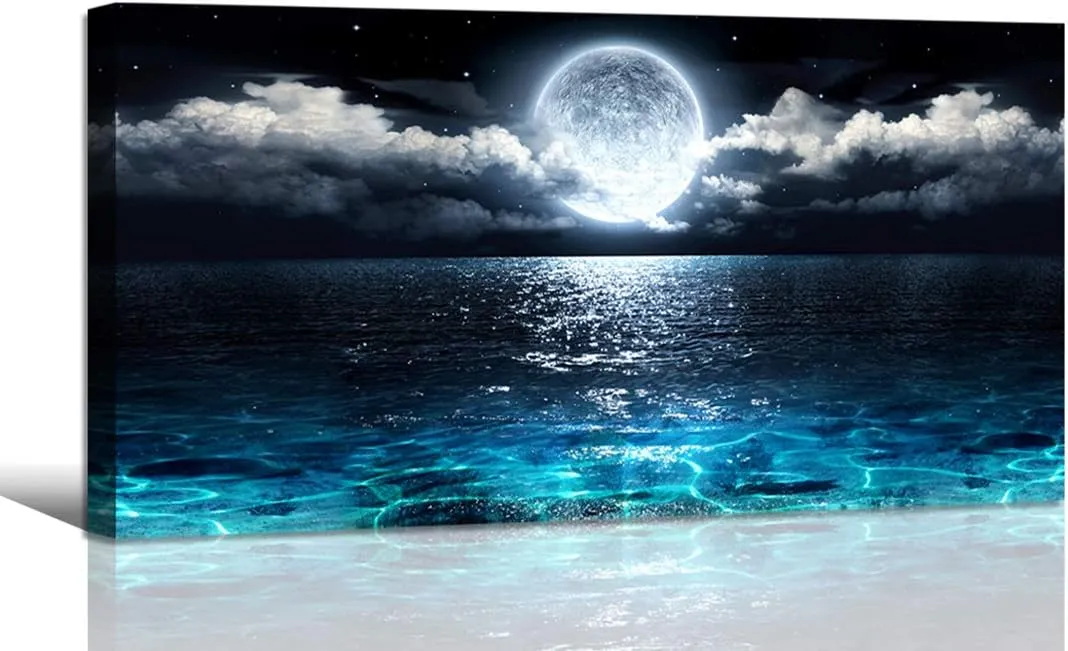 Wall Art Moon Sea Ocean Landscape Picture Canvas Wall Art Print Paintings Modern Artwork for Living Room Wall Decor and Home Décor Framed Ready to Hang,1inch Thick Frame, Waterproof Artwork.