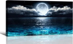 Wall Art Moon Sea Ocean Landscape Picture Canvas Wall Art Print Paintings Modern Artwork for Living Room Wall Decor and Home Décor Framed Ready to Hang,1inch Thick Frame, Waterproof Artwork.