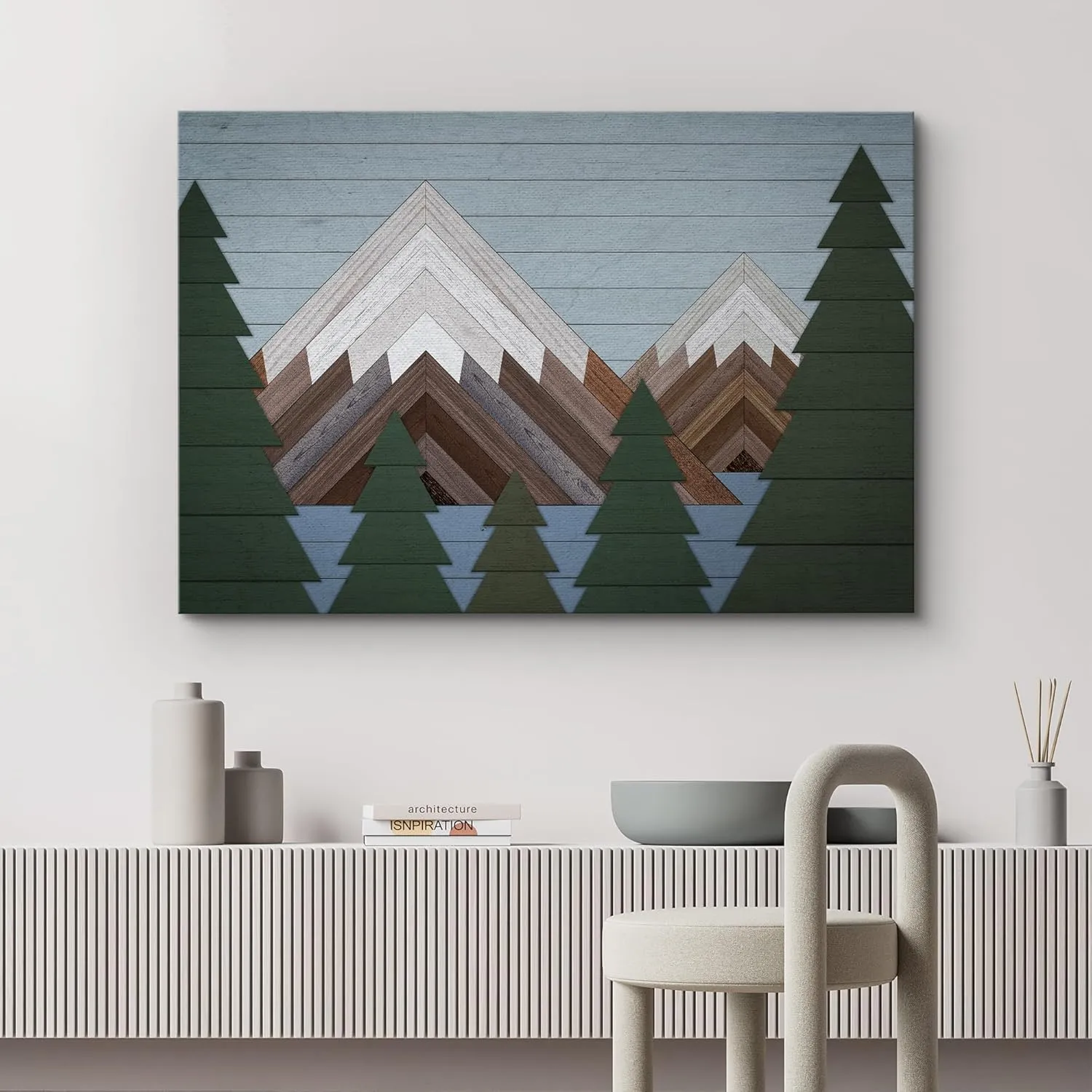 wall26 Canvas Print Wall Art Western Decor Wood Panel Snowy Mountain Range Forest Nature Wilderness Digital Modern Art Southwest Decorative for Living Room, Bedroom, Office - 32"x48"