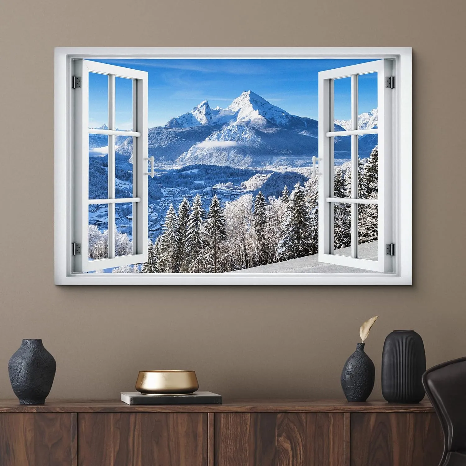 wall26 Canvas Print Wall Art Window View Snowy Mountain Range Pine Tree Forest Wilderness Nature Photography Realism Scenic Landscape Colorful Multicolor for Living Room, Bedroom, Office - 24"x36"