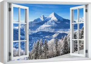 wall26 Canvas Print Wall Art Window View Snowy Mountain Range Pine Tree Forest Wilderness Nature Photography Realism Scenic Landscape Colorful Multicolor for Living Room, Bedroom, Office - 24"x36"