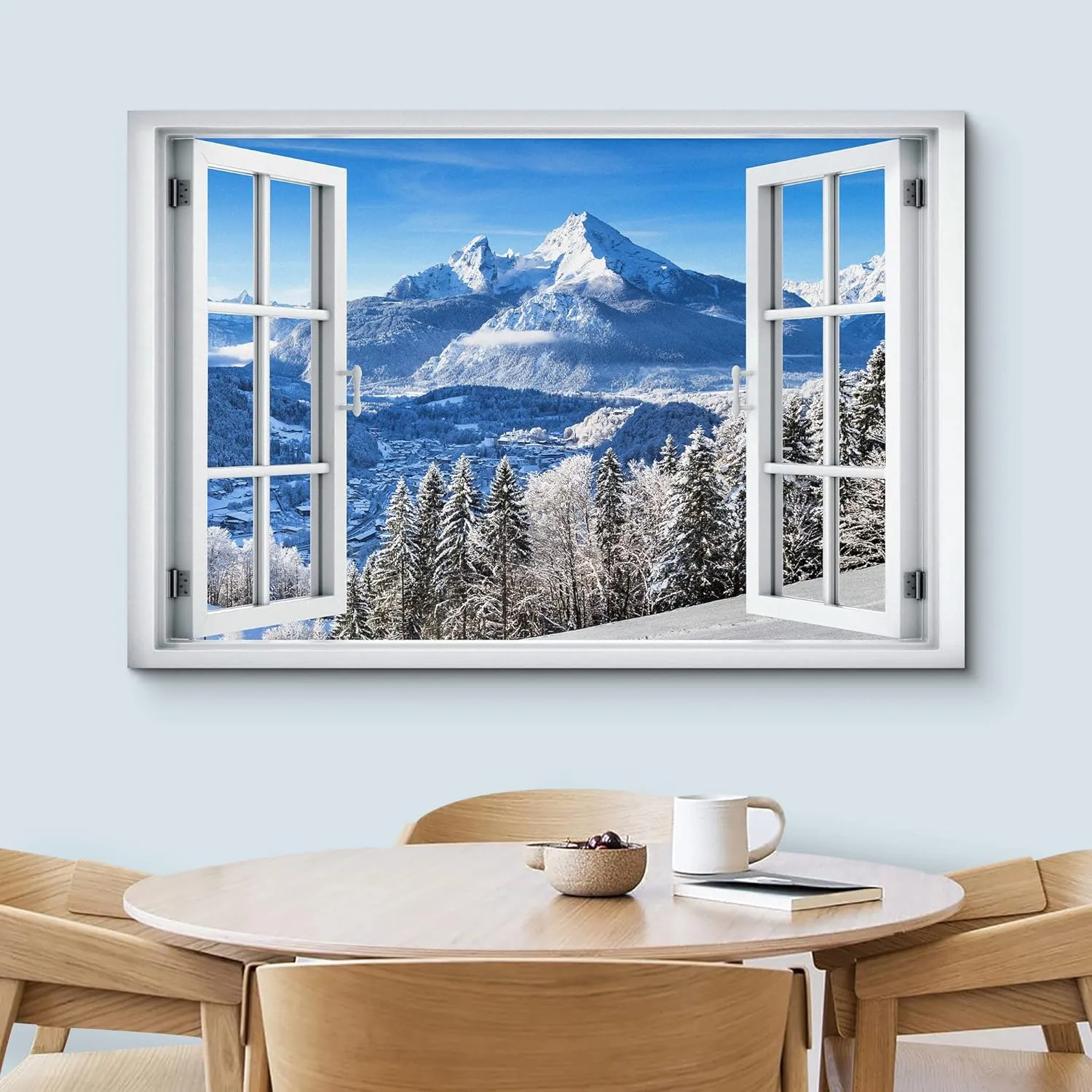 wall26 Canvas Print Wall Art Window View Snowy Mountain Range Pine Tree Forest Wilderness Nature Photography Realism Scenic Landscape Colorful Multicolor for Living Room, Bedroom, Office - 24"x36"