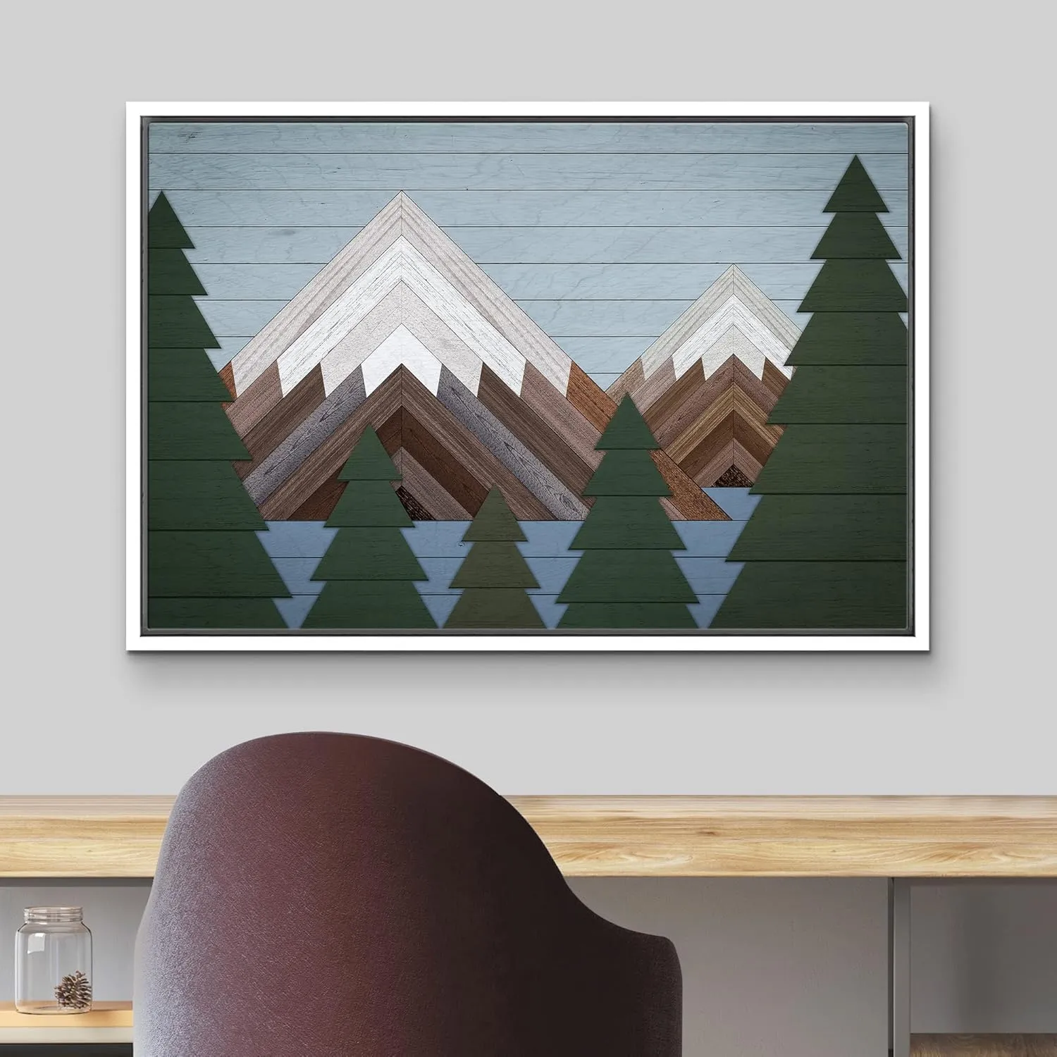 wall26 Framed Canvas Print Wall Art Western Decor Wood Panel Snowy Mountain Range Forest Nature Wilderness Digital Art Modern Art Southwest Decorative for Living Room, Bedroom, Office - 16"x24" White