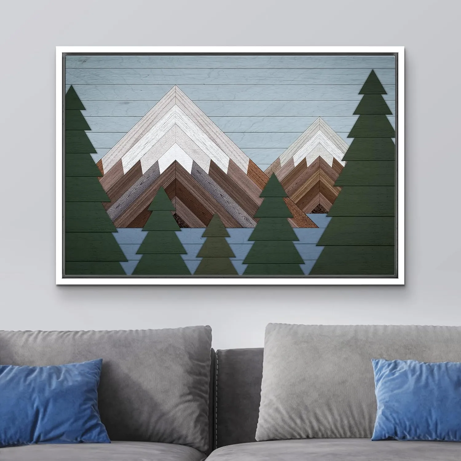 wall26 Framed Canvas Print Wall Art Western Decor Wood Panel Snowy Mountain Range Forest Nature Wilderness Digital Art Modern Art Southwest Decorative for Living Room, Bedroom, Office - 16"x24" White