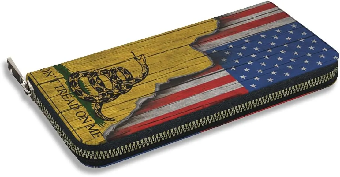 Wallet for Men PU Leather Credit Card Wallet, Cool Cash Clutch Long Purse Billfold with Zipper Coin Pocket Gift for Him Husband and Boyfriend Dont Tread On Me American Flag 019