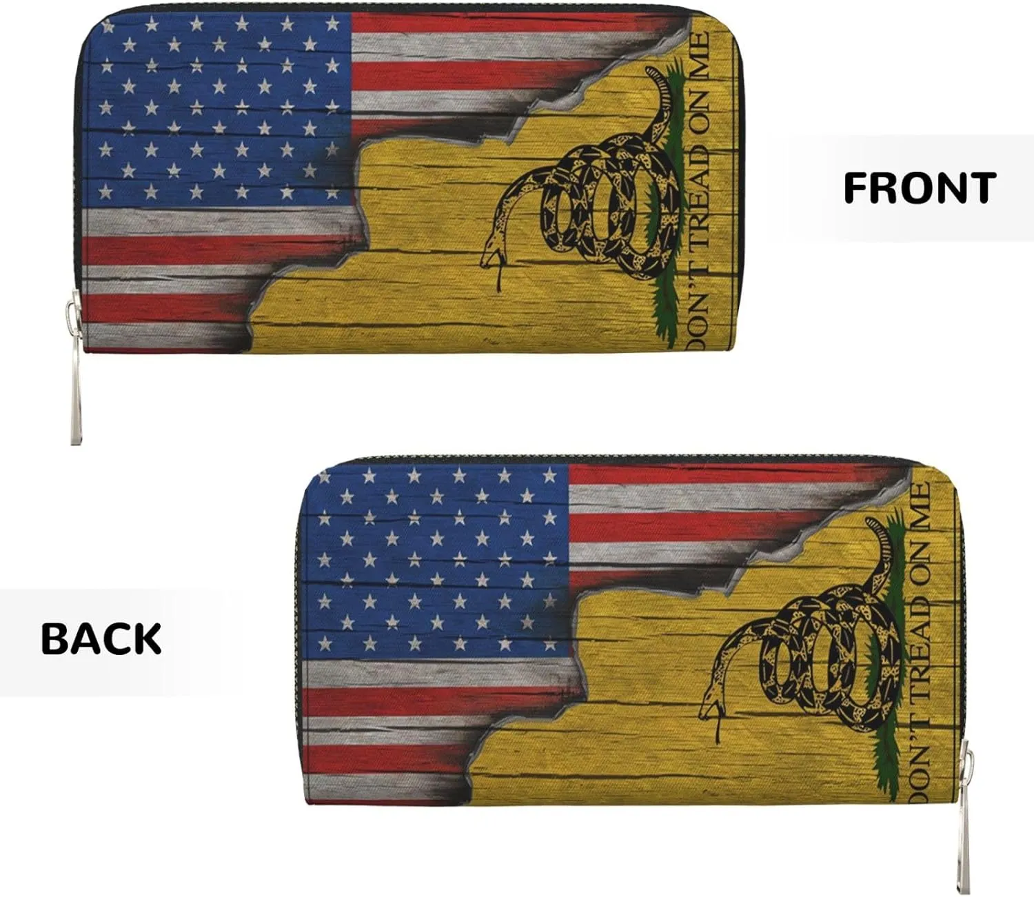 Wallet for Men PU Leather Credit Card Wallet, Cool Cash Clutch Long Purse Billfold with Zipper Coin Pocket Gift for Him Husband and Boyfriend Dont Tread On Me American Flag 019
