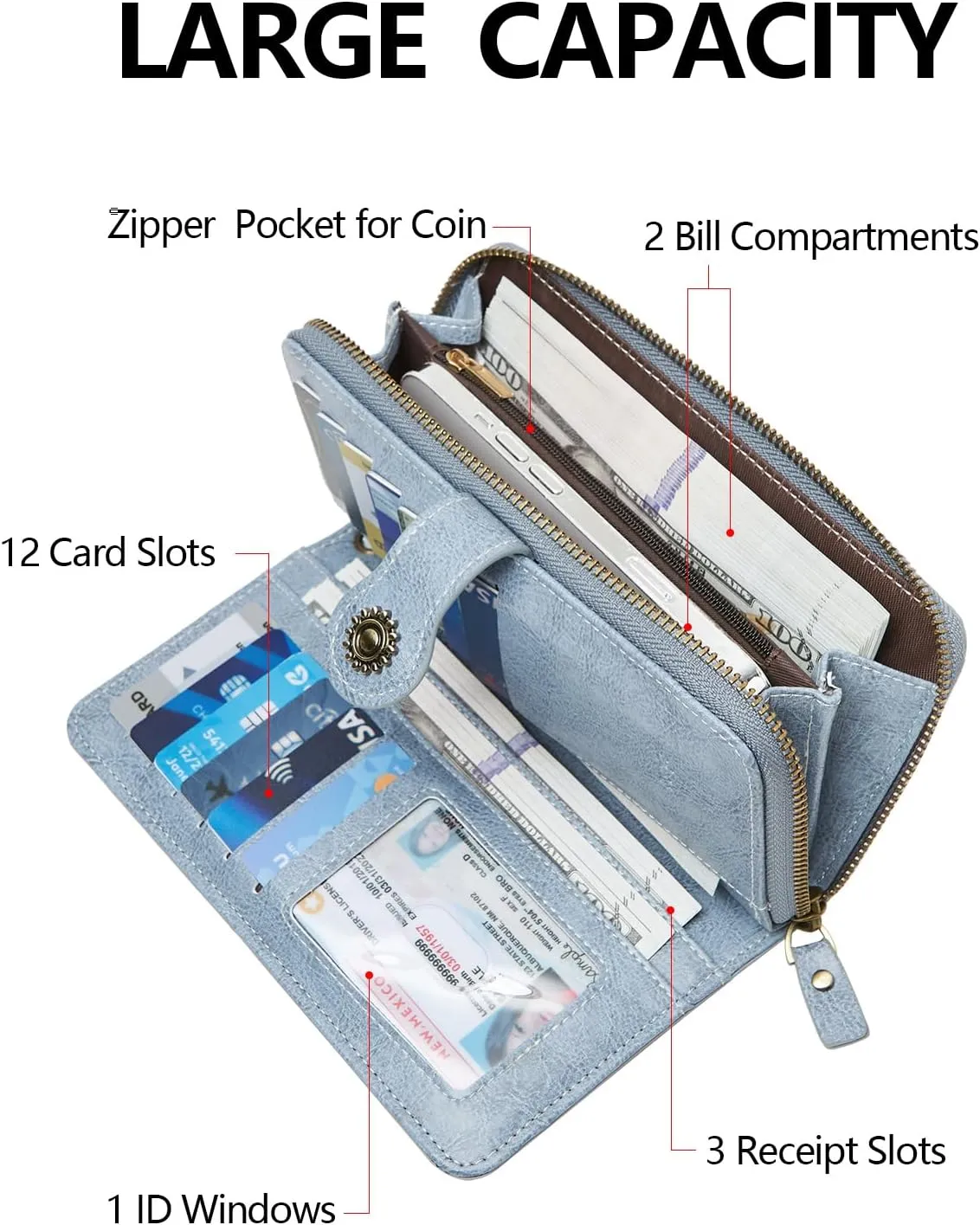 Wallet for Women RFID Blocking Leather Large Capacity Card Holder Ladies Phone Clutch Travel Long Purse Wristlet