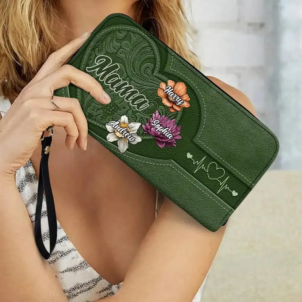 WANDER PRINTS Mothers Day Gifts - Personalized Leather Long Wallet - Birthday, Loving Gift For Grandmother, Mother, Mom - Grandma Mom Kids Birth Flowers Blooming In Love
