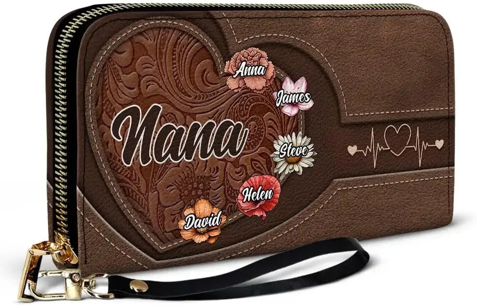 WANDER PRINTS Mothers Day Gifts - Personalized Leather Long Wallet - Birthday, Loving Gift For Grandmother, Mother, Mom - Grandma Mom Kids Birth Flowers Blooming In Love