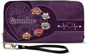 WANDER PRINTS Mothers Day Gifts - Personalized Leather Long Wallet - Birthday, Loving Gift For Grandmother, Mother, Mom - Grandma Mom Kids Birth Flowers Blooming In Love