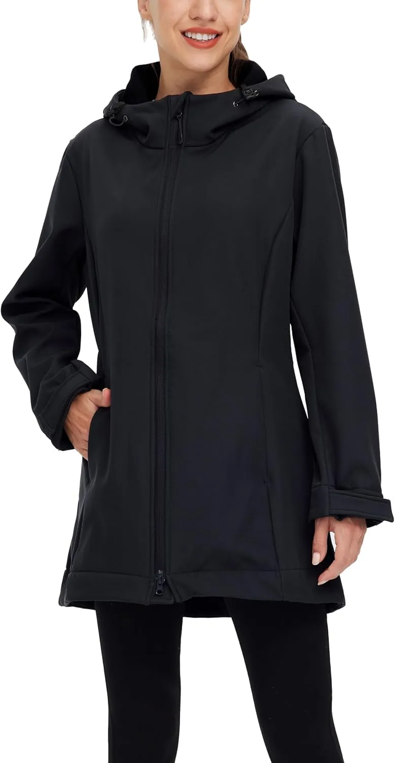 wantdo Women Softshell Jacket Fleece Lined Hooded Rain Coat Waterproof Windproof Windbreaker Jacket Lightweight Long Coat