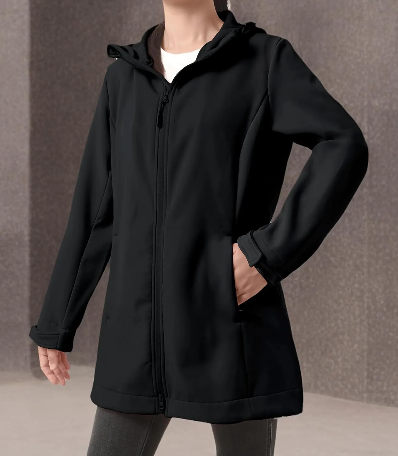 wantdo Women Softshell Jacket Fleece Lined Hooded Rain Coat Waterproof Windproof Windbreaker Jacket Lightweight Long Coat