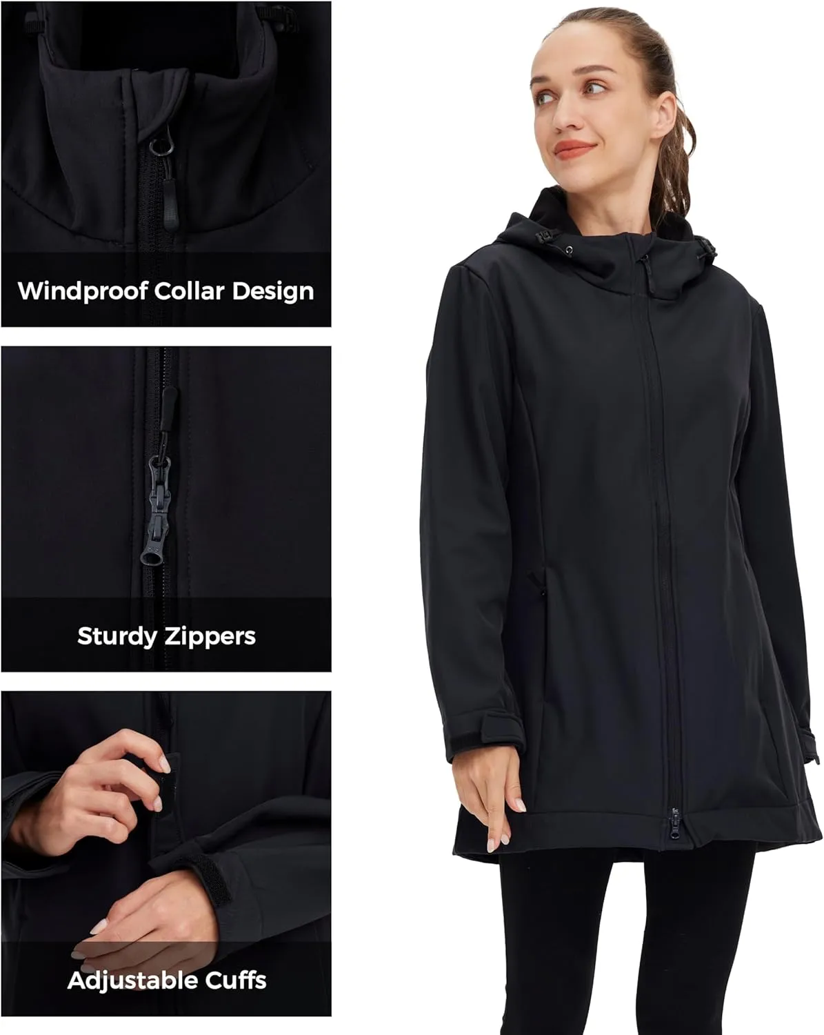 wantdo Women Softshell Jacket Fleece Lined Hooded Rain Coat Waterproof Windproof Windbreaker Jacket Lightweight Long Coat