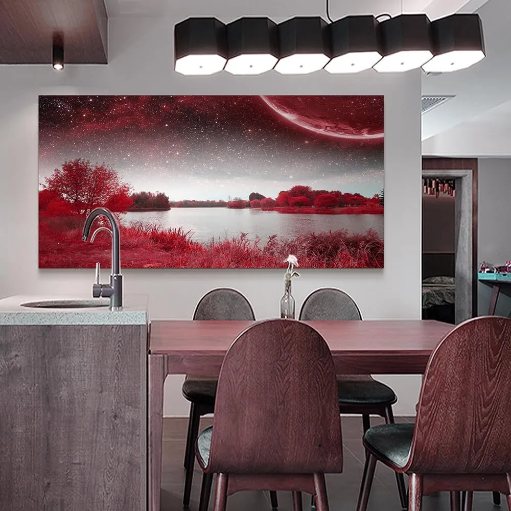 Wapluam Farmhouse Wall Art For Living Room Large Canvas Wall Decor Office Pictures Red Lakes And Trees Landscape Wall Painting Prints Artwork Ready To Hang Bedroom Home Decor Art Works 48" X 24"