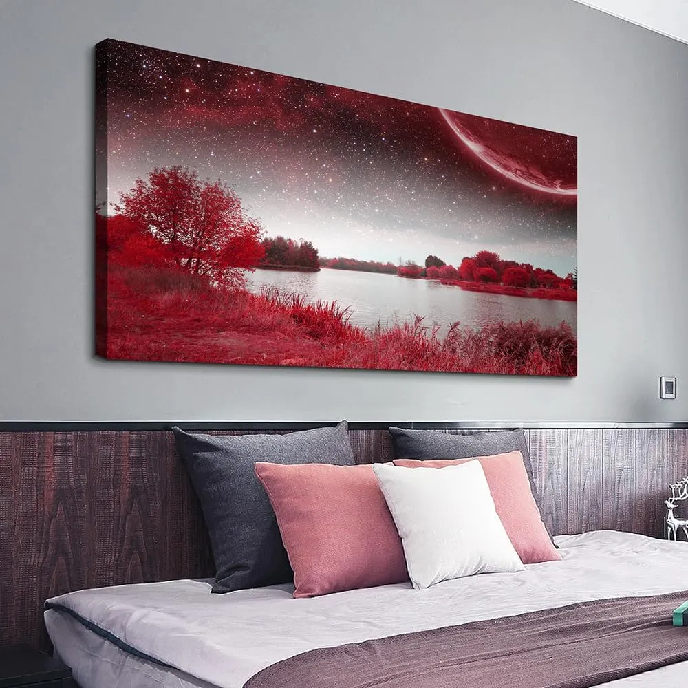 Wapluam Farmhouse Wall Art For Living Room Large Canvas Wall Decor Office Pictures Red Lakes And Trees Landscape Wall Painting Prints Artwork Ready To Hang Bedroom Home Decor Art Works 48" X 24"
