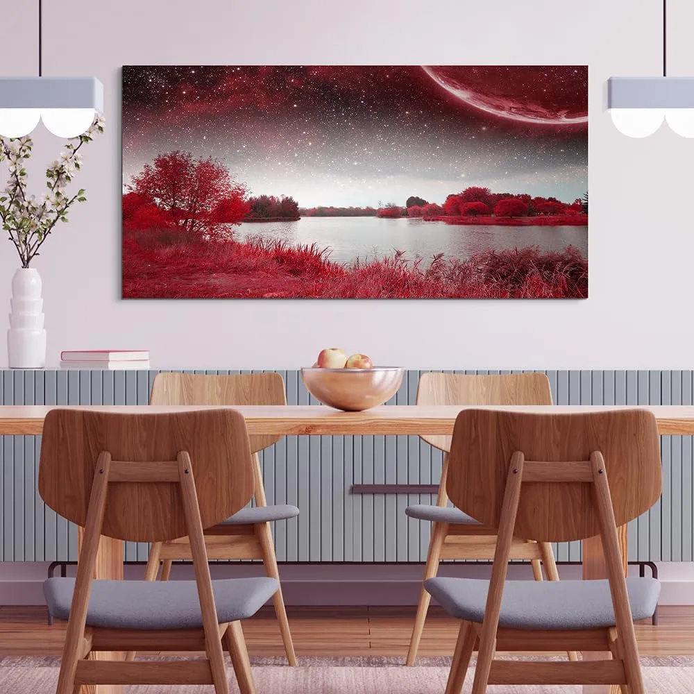 Wapluam Farmhouse Wall Art For Living Room Large Canvas Wall Decor Office Pictures Red Lakes And Trees Landscape Wall Painting Prints Artwork Ready To Hang Bedroom Home Decor Art Works 48" X 24"