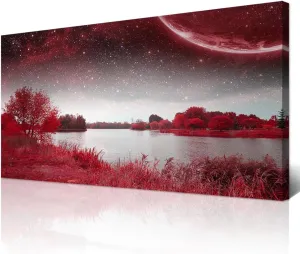 Wapluam Farmhouse Wall Art For Living Room Large Canvas Wall Decor Office Pictures Red Lakes And Trees Landscape Wall Painting Prints Artwork Ready To Hang Bedroom Home Decor Art Works 48" X 24"