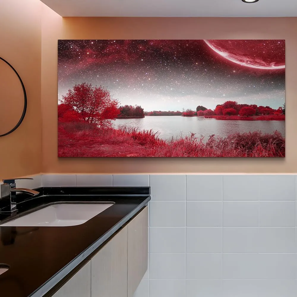 Wapluam Farmhouse Wall Art For Living Room Large Canvas Wall Decor Office Pictures Red Lakes And Trees Landscape Wall Painting Prints Artwork Ready To Hang Bedroom Home Decor Art Works 48" X 24"