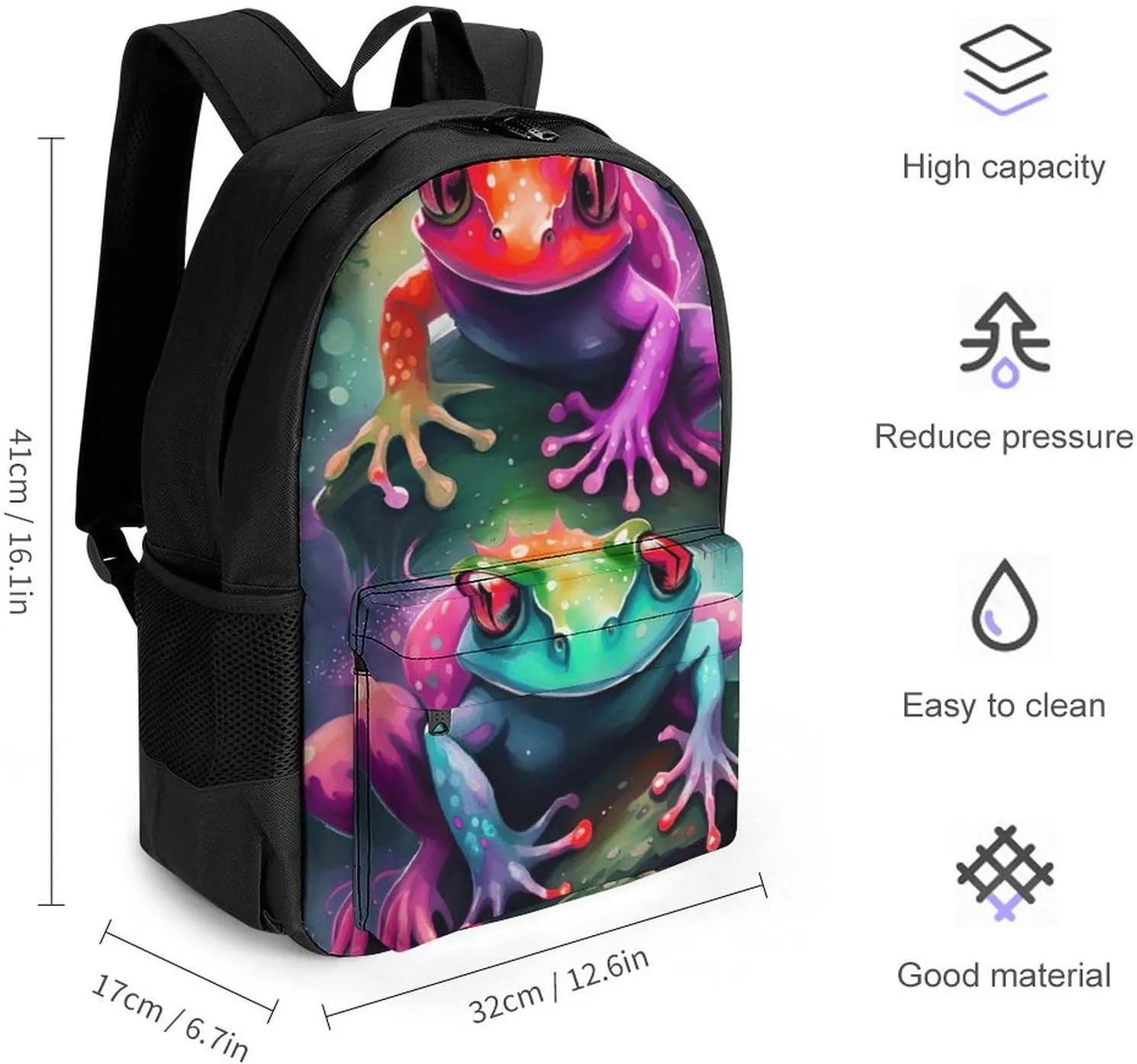 Watercolor Frogs Art Daypack Backpack Polyester Multipurpose Anti-Theft Shoulder Bag Big Capacity Gym Outdoor Hiking Backpack With Smooth Zippers