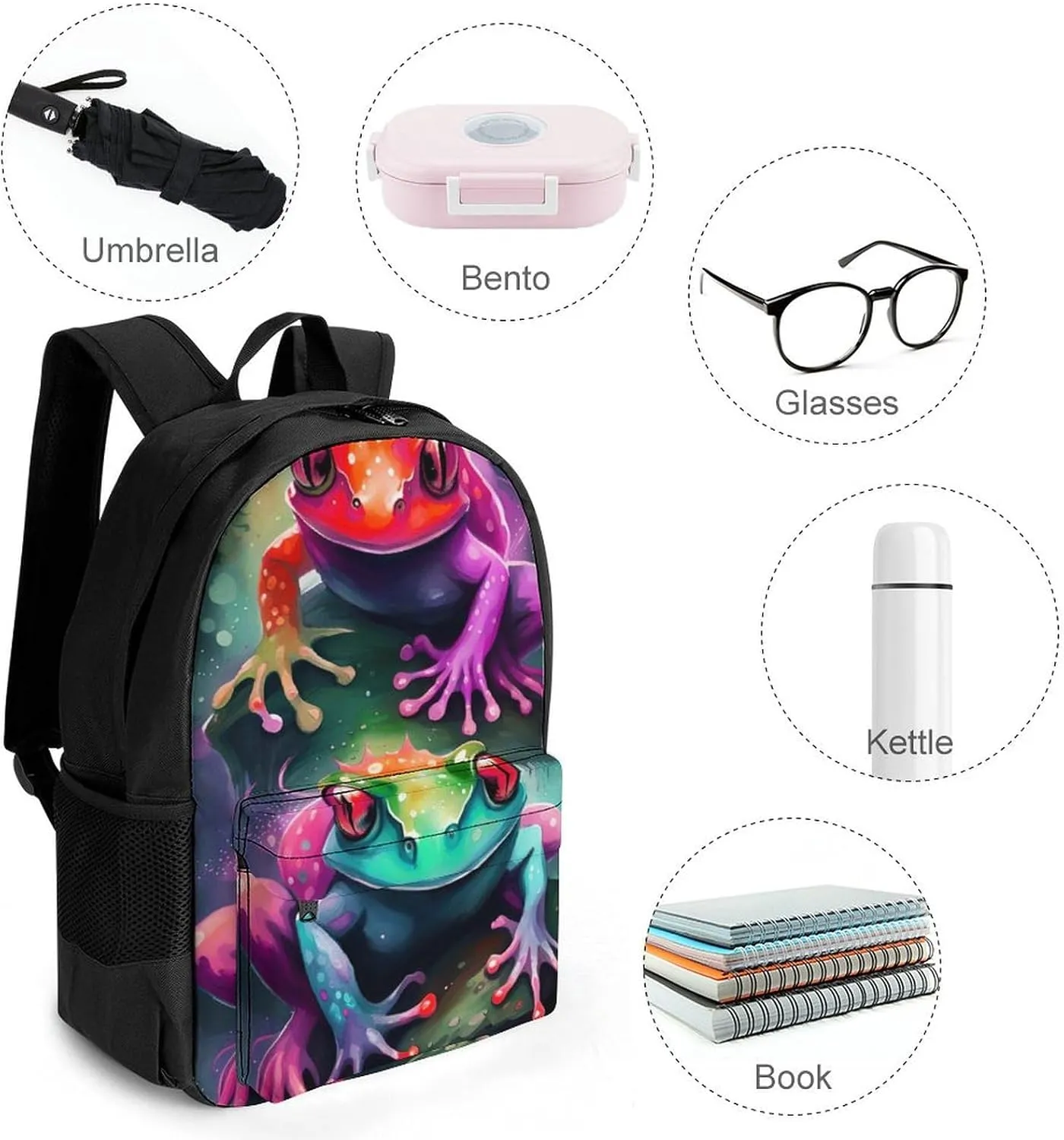 Watercolor Frogs Art Daypack Backpack Polyester Multipurpose Anti-Theft Shoulder Bag Big Capacity Gym Outdoor Hiking Backpack With Smooth Zippers
