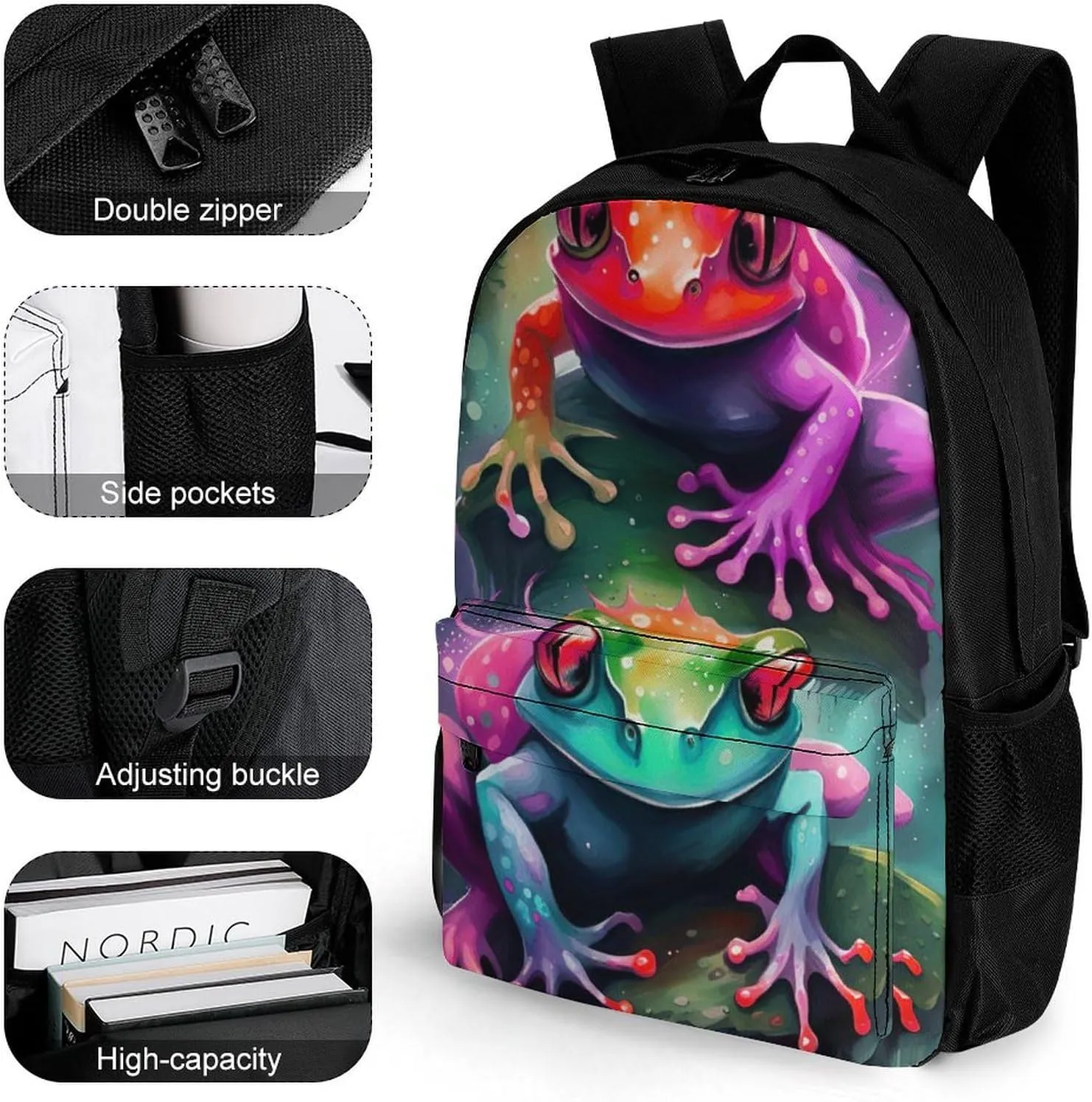 Watercolor Frogs Art Daypack Backpack Polyester Multipurpose Anti-Theft Shoulder Bag Big Capacity Gym Outdoor Hiking Backpack With Smooth Zippers