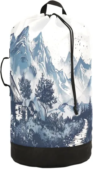Watercolor Mountain & Hut Pattern Laundry Bag, Large Heavy Duty, Waterproof Laundry Backpack with Adjustable Shoulder Strap for Camping, Dorm, Gym, Laundry Room