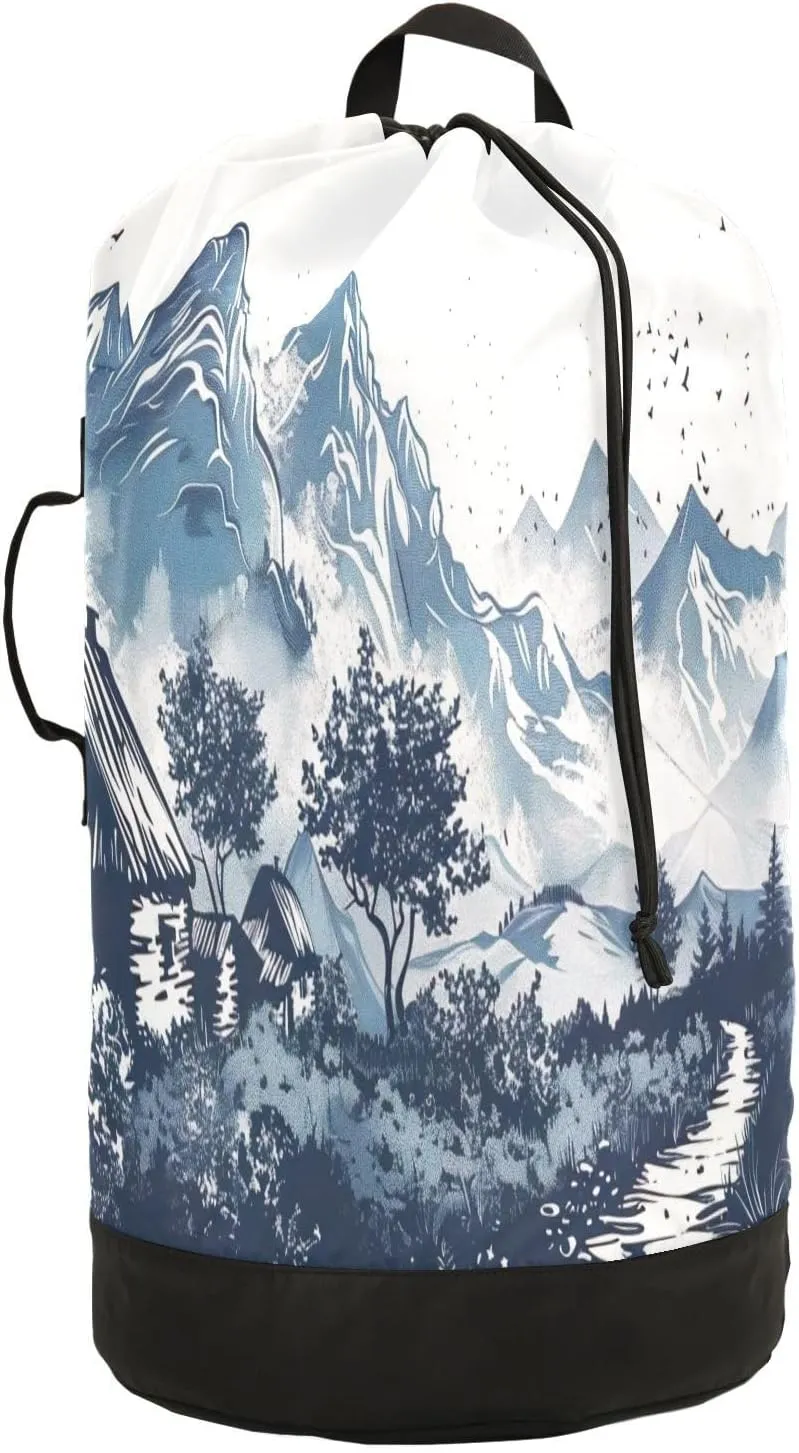 Watercolor Mountain & Hut Pattern Laundry Bag, Large Heavy Duty, Waterproof Laundry Backpack with Adjustable Shoulder Strap for Camping, Dorm, Gym, Laundry Room