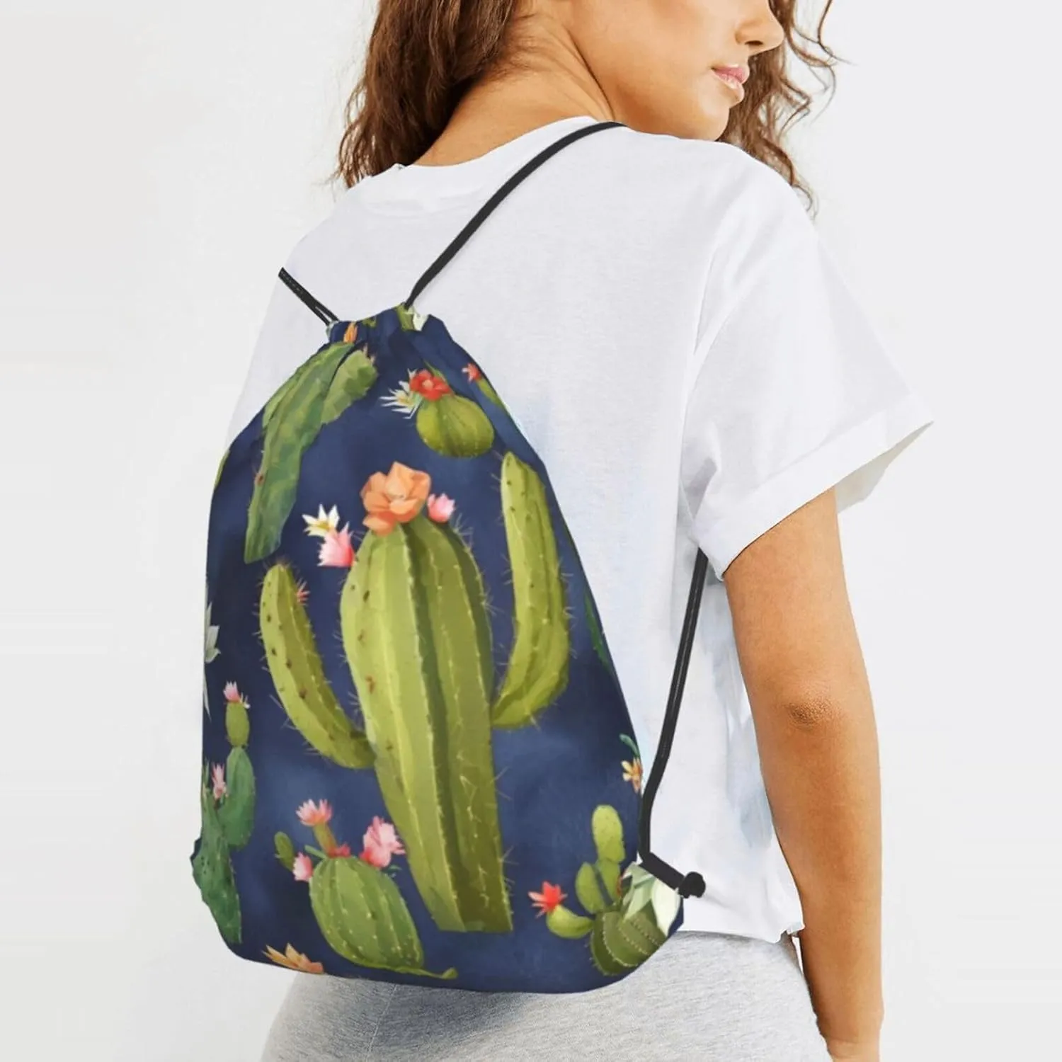 Watercolour Cactus Drawstring Cinch Backpack Polyester Sack Pack String Bag For Hiking Camping Adventure