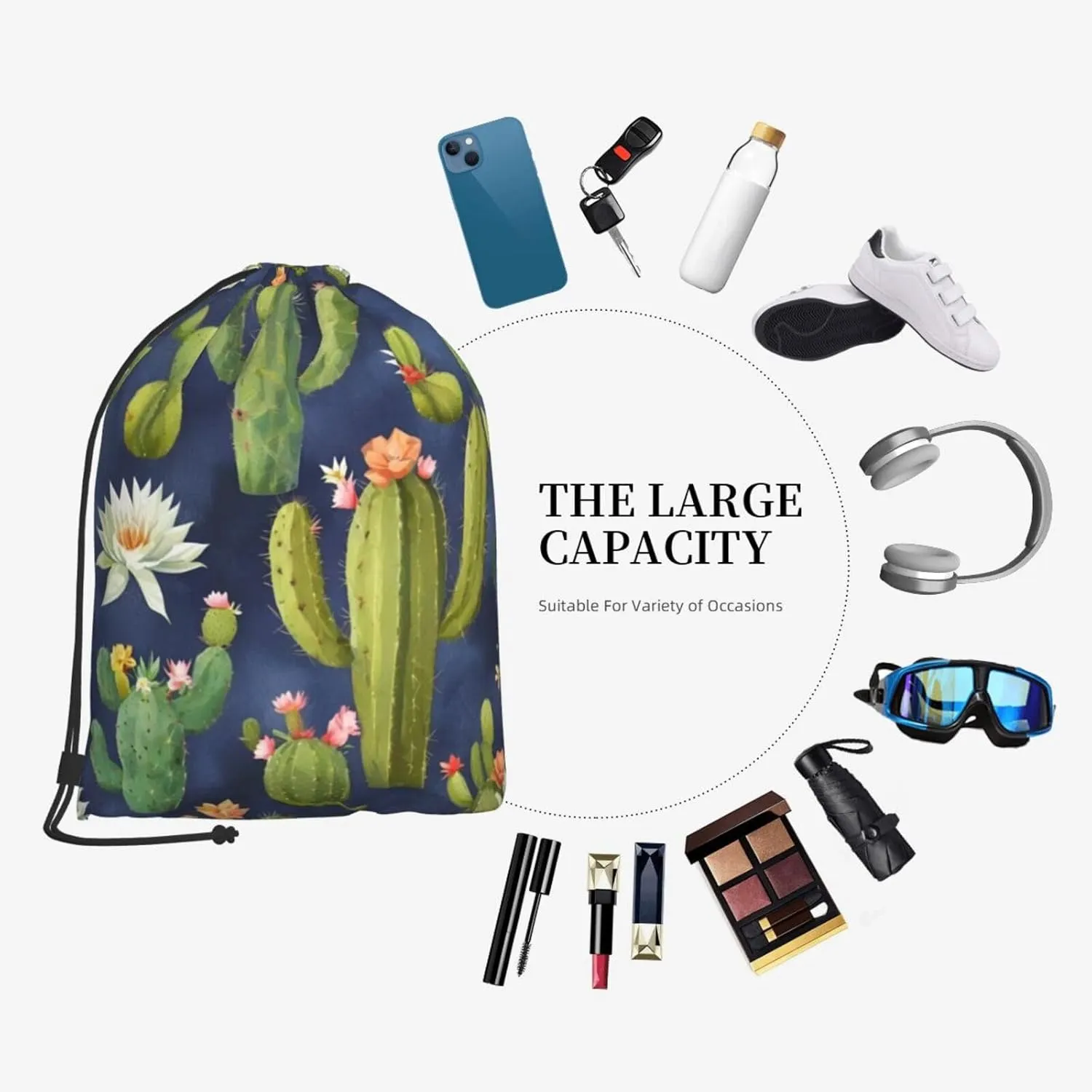Watercolour Cactus Drawstring Cinch Backpack Polyester Sack Pack String Bag For Hiking Camping Adventure