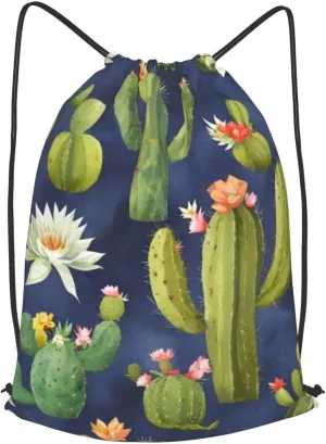 Watercolour Cactus Drawstring Cinch Backpack Polyester Sack Pack String Bag For Hiking Camping Adventure