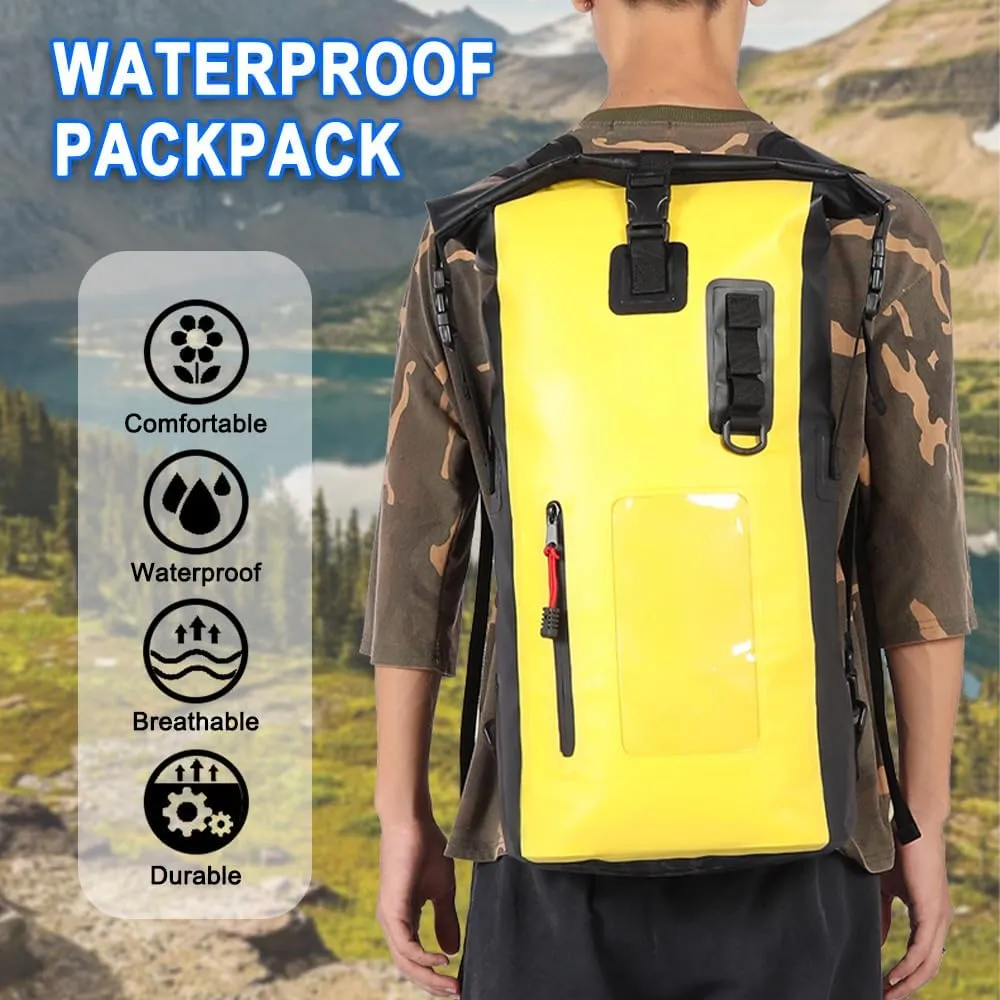 Waterproof Backpack Heavy Duty Roll-Top Closure Swim Bag with Front-Zipper Pocket