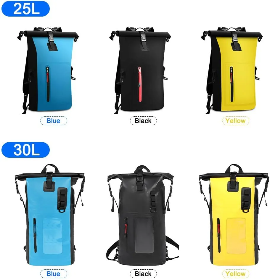 Waterproof Backpack Heavy Duty Roll-Top Closure Swim Bag with Front-Zipper Pocket