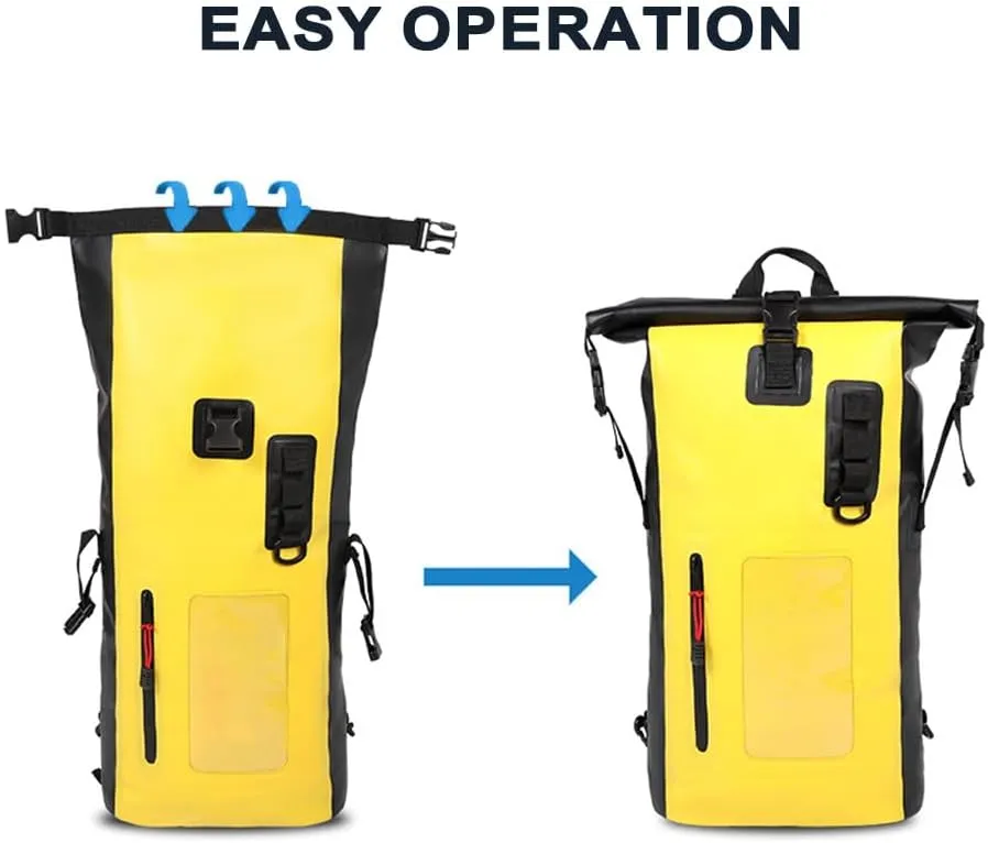 Waterproof Backpack Heavy Duty Roll-Top Closure Swim Bag with Front-Zipper Pocket