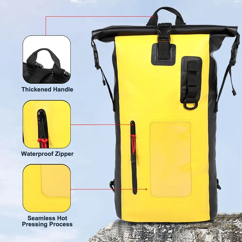 Waterproof Backpack Heavy Duty Roll-Top Closure Swim Bag with Front-Zipper Pocket