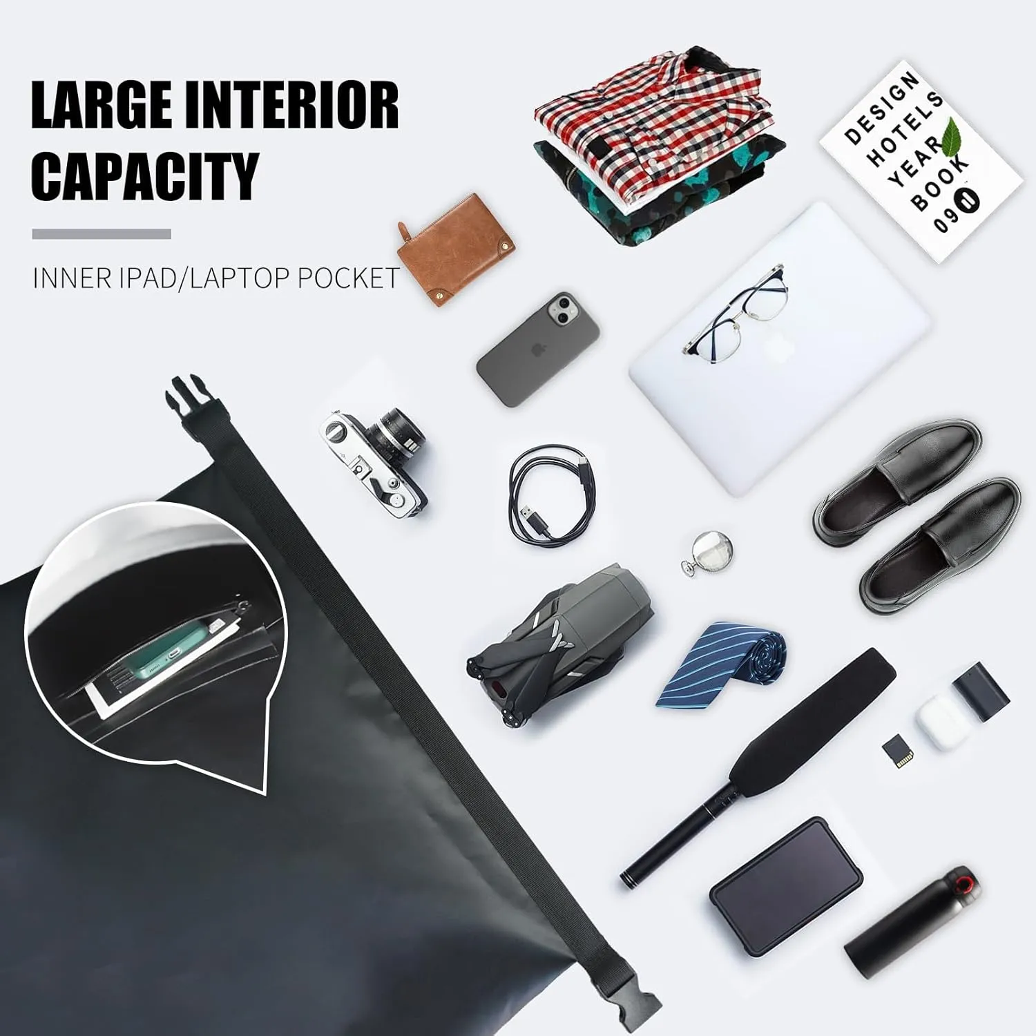 Waterproof Dry Bag Backpack IPX6, Roll-Top Closure Bag Boating & Kayak Accessories - Essentials for Camping Swimming Beach Fishing Rafting Travel, Black