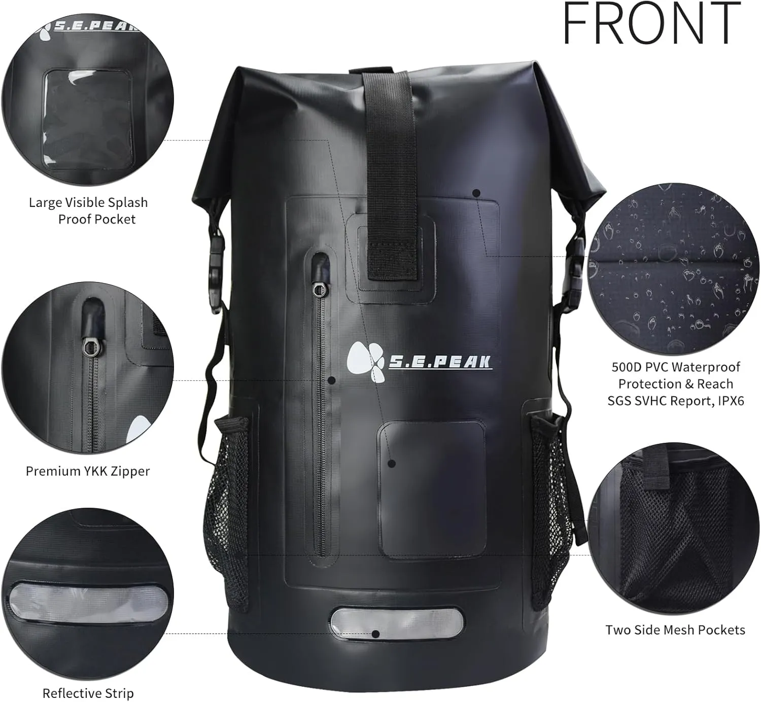 Waterproof Dry Bag Backpack IPX6, Roll-Top Closure Bag Boating & Kayak Accessories - Essentials for Camping Swimming Beach Fishing Rafting Travel, Black