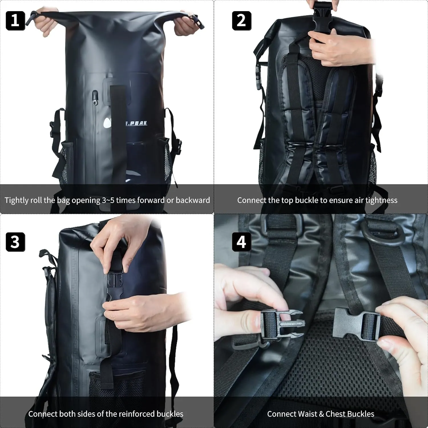 Waterproof Dry Bag Backpack IPX6, Roll-Top Closure Bag Boating & Kayak Accessories - Essentials for Camping Swimming Beach Fishing Rafting Travel, Black