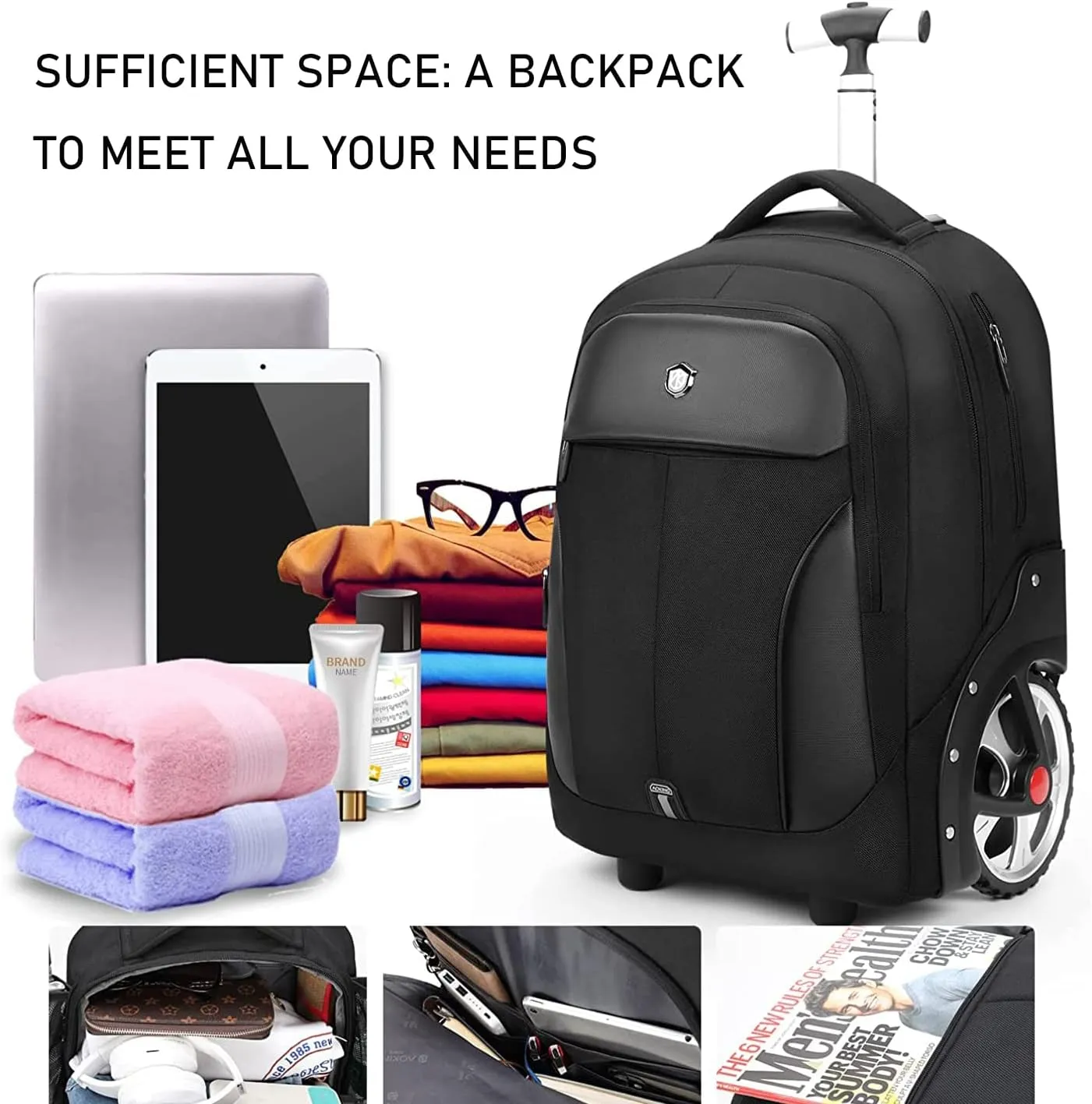 Waterproof Rolling Backpack, Backpack with Wheels for Business and Travel Commuter, Carry on Backpack with Laptop Compartment for Women and Men Adult (Blue, 20inch)