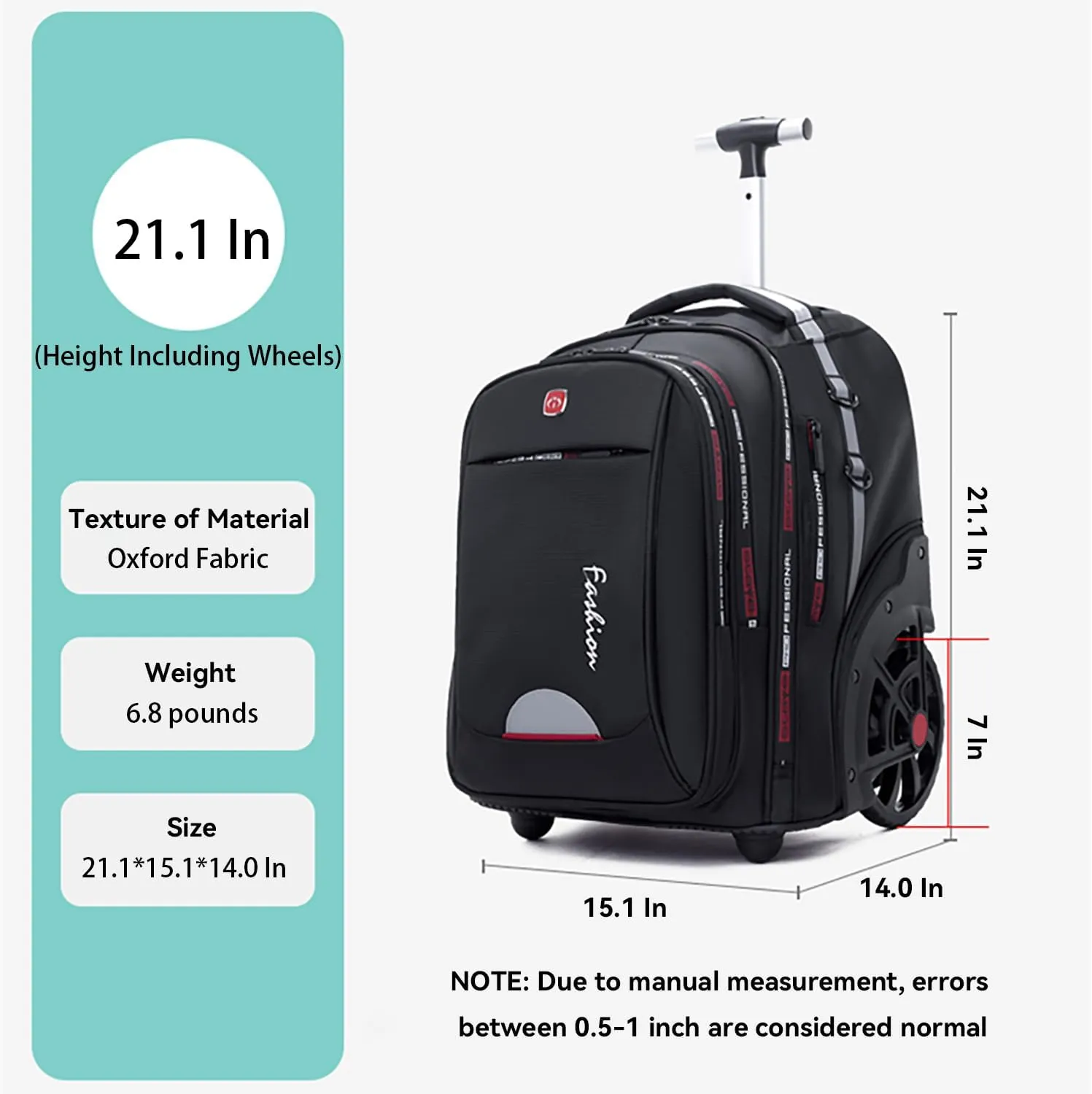 Waterproof Rolling Backpack for Women and Men, Laptop Backpack with Wheels for Adults, Carry on Backpack with Large Wheels for Travel and Business Commuter (Pink, 22inch)