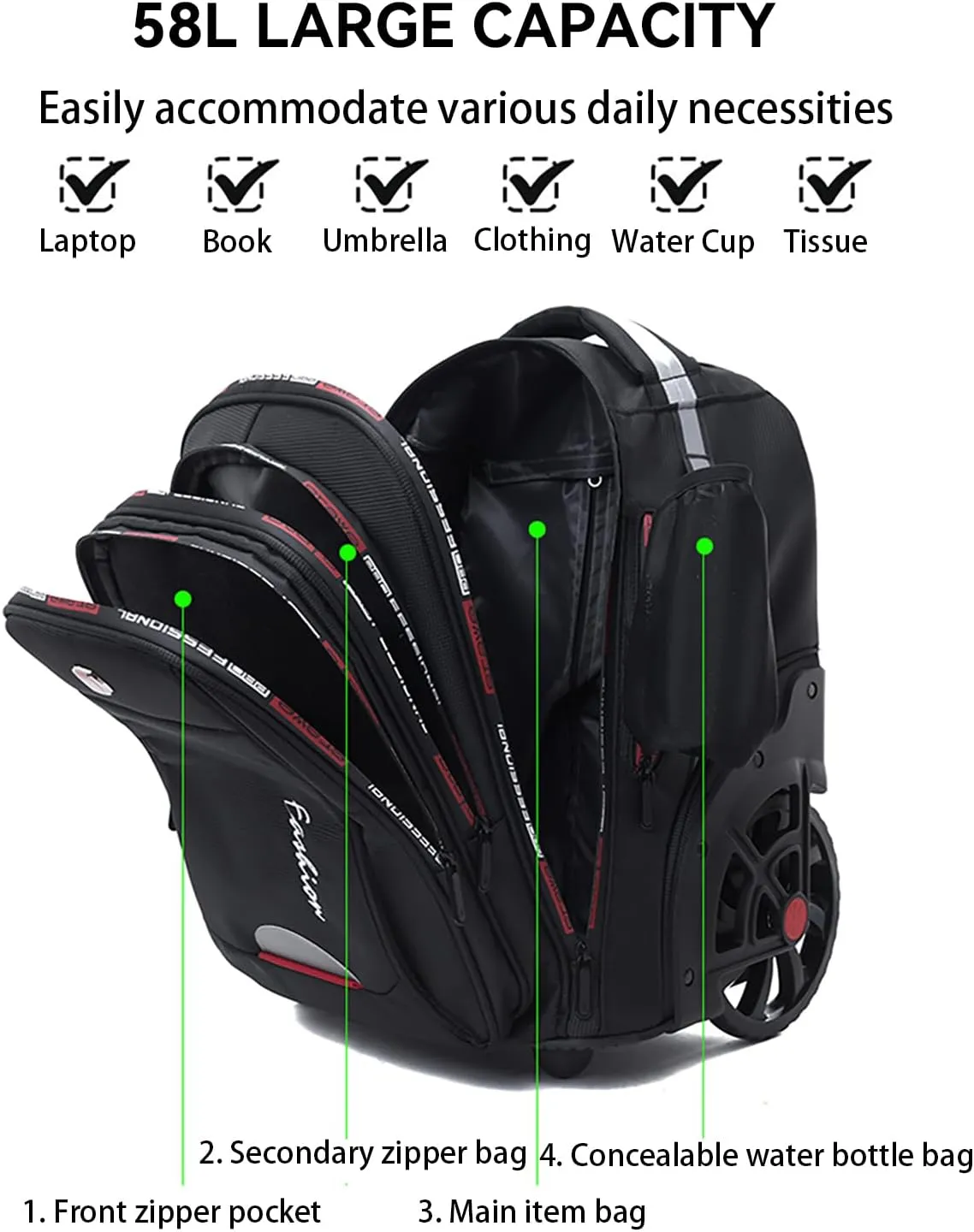 Waterproof Rolling Backpack for Women and Men, Laptop Backpack with Wheels for Adults, Carry on Backpack with Large Wheels for Travel and Business Commuter (Pink, 22inch)