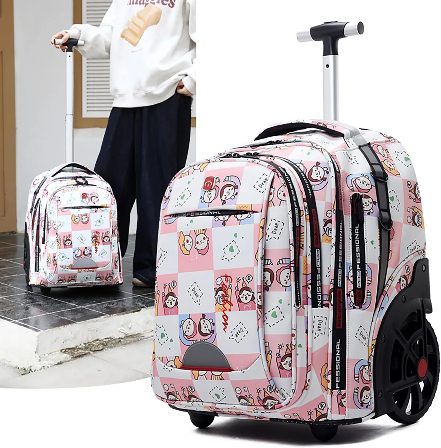 Waterproof Rolling Backpack for Women and Men, Laptop Backpack with Wheels for Adults, Carry on Backpack with Large Wheels for Travel and Business Commuter (Pink, 22inch)